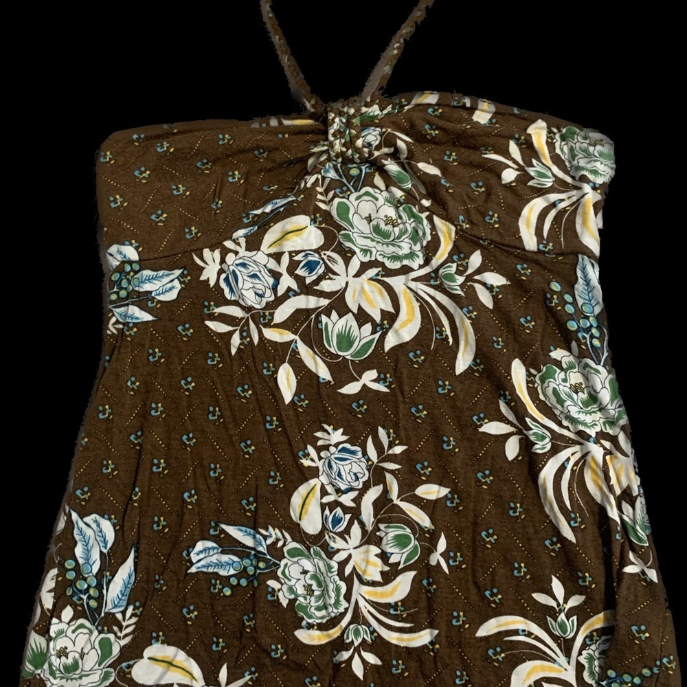 Super cute vintage floral hibiscus print brown halter top